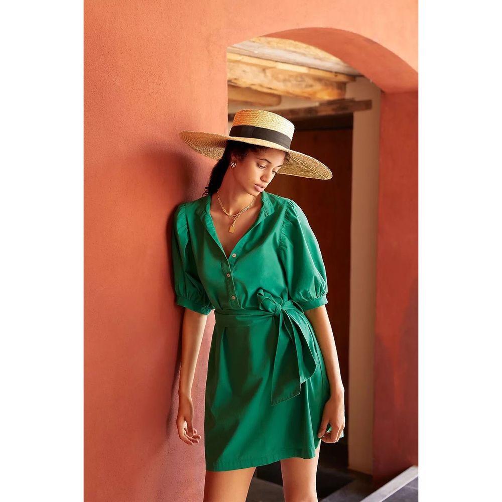 Amadi Anthropologie Glisy puff sleeved green shirt dress L